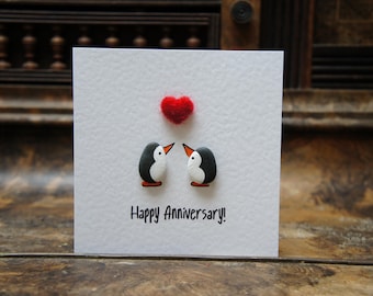 Pebble Penguin Anniversary Card, Handmade Stone Art