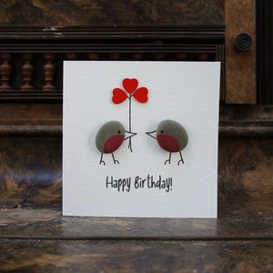 Happy Birthday card, Cute robin card,  Pebble art card, Unique pebble card,