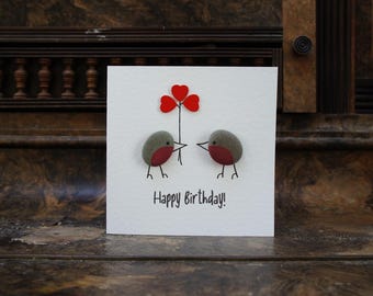 Happy Birthday card, Cute robin card,  Pebble art card, Unique pebble card,