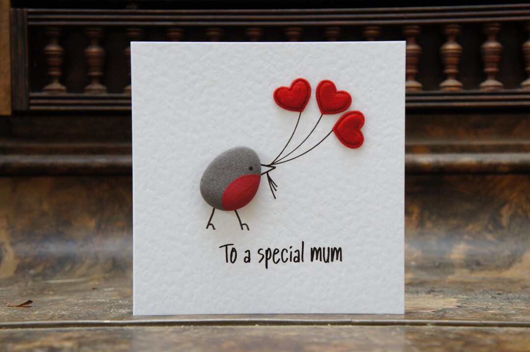 Pebble Art Mum Birthday Card, Robin With Felt Heart Balloons, to a ...