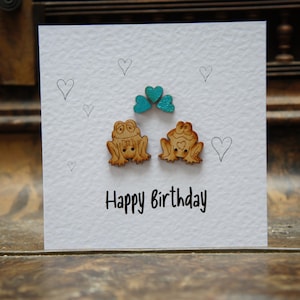 Frogs and hearts button card, Frog Birthday card, Love card, Happy Birthday card, Fun card, Cute card, Frogs in love card,