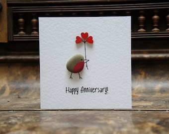 Pebble art card, Robin anniversary card, Love birds card, Anniversary card, Stone art, Fun love card, Cute card, Robin card,