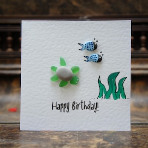 Handmade Sea Glass Turtle Birthday Card: Beach Pebble Art