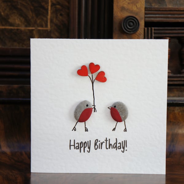 Pebble art card, Birds card, Birthday card, unique pebble card,  stone art, Fun love card, Cute card, Robin card,