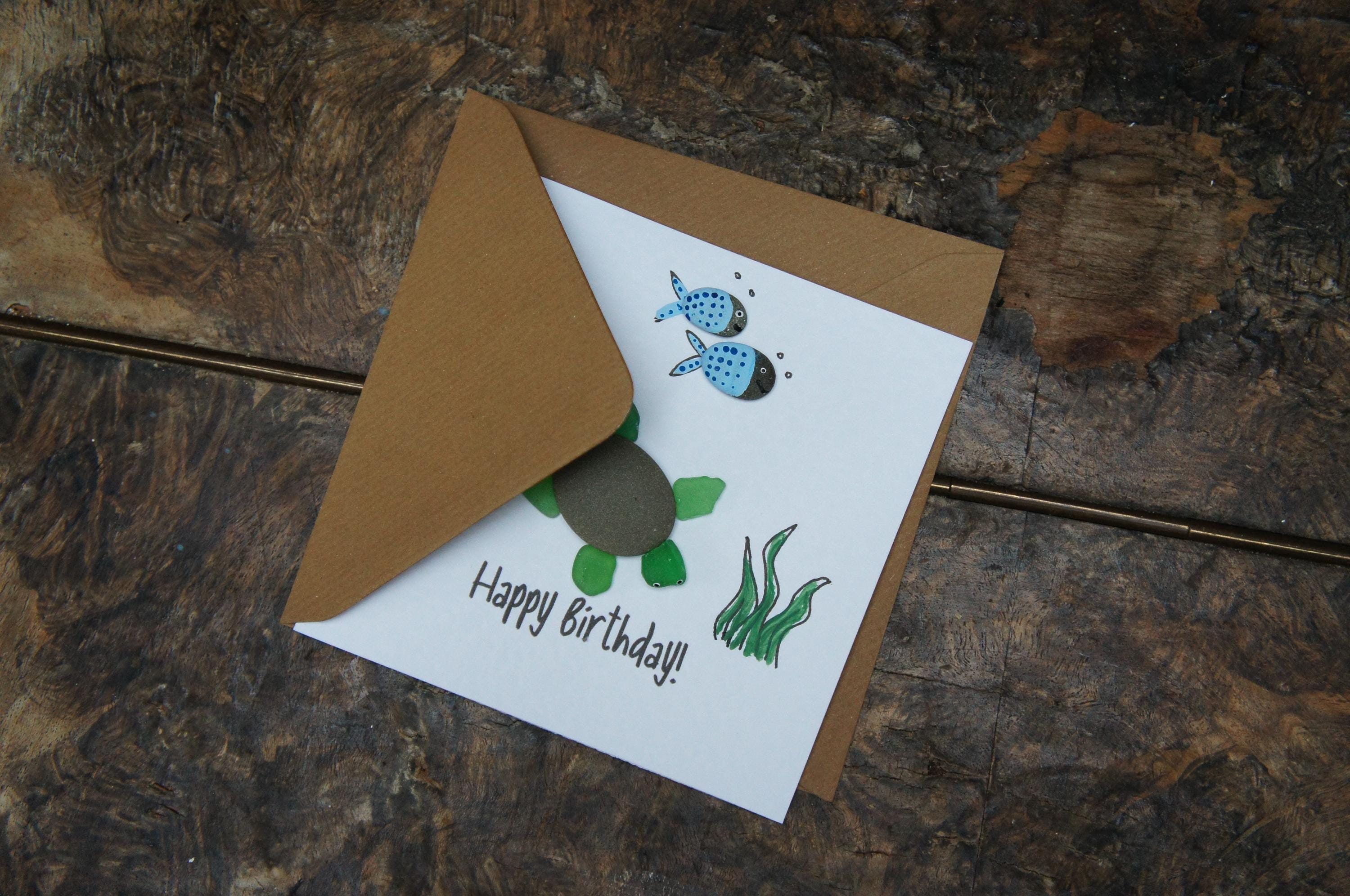 Cute Sea Turtle Birthday Card, Birthday Card, Pebble and Sea Glass Card ...