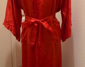 Women&#39;s Vintage Esme Chinese Kimono Robe 100% Silk Jacquard Red Size S