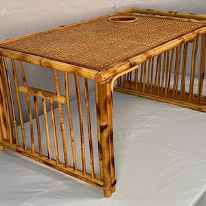 Charming Vintage Tortoise Bamboo Bed or Lap Tray with Woven Rattan Top