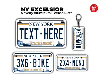 May include: A collection of novelty aluminum license plates and a keychain. The plates feature a New York theme with the text "TEXT-HERE", "3X6-BIKE", and "2X4-MINI". The keychain has "KEYCHAIN" printed on it.
