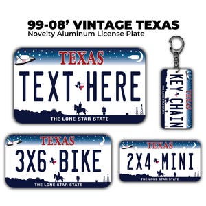 May include: A collection of novelty aluminum license plates and a keychain featuring a Texas theme. The plates have a blue and white design with the word "TEXAS" in red. The keychain reads "KEY CHAIN TEXAS".