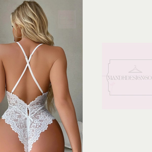 Ensembles lingerie blanche - lingerie séduisante - lingerie en dentelle - Body de mariée en dentelle blanche avec gousset ouvert - lingerie de mariée pour la nuit de noces