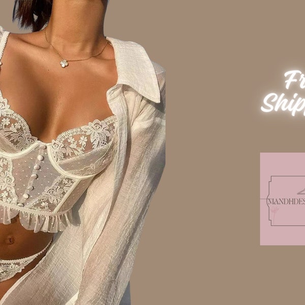 Wedding Day Lingerie, Holiday Lingerie, Bride Lacy Lingerie, Silky Bridal Nightgown, Sheer Honeymoon Lingerie,sensual shelf bra lingerie,XL