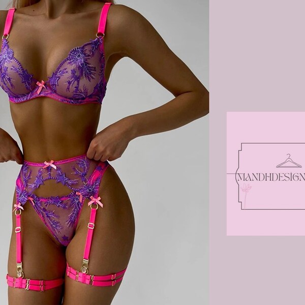 Floral Luxury Lace See-Through Underwear-Sensual Garter Belt Set - Elevate Elegance with Pink Fancy Lingerie - Contrast Color Fairy Outfit