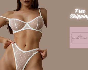 Reggiseno a rete con set di slip perizoma, set di lingerie di classe, set di lingerie per il giorno delle nozze, lingerie per la sposa, lingerie per la luna di miele, lingerie vintage, trasparente