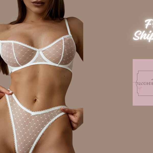 Ensemble soutien-gorge en maille avec string, ensembles de lingerie chic, ensembles de lingerie le jour du mariage lingerie mariée, lingerie lune de miel, lingerie vintage, transparent