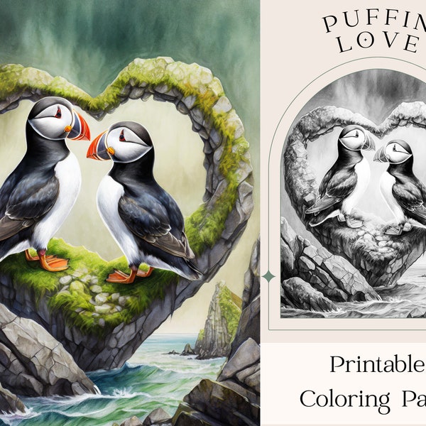 Puffin Love - Printable Puffins Coloring Page, Valentines Heart Coloring Sheet, Arctic Bird Theme, Nature Inspired, Unique Coloring Sheet