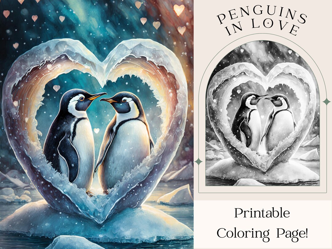 Penguins in Love Cute Penguins Coloring Page, Valentines Day Activity ...