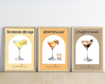Martini Cocktail Prints Set of 3, Pornstar Espresso Lemon Drop Art, Bar Wall Decor, Cocktail Poster Set, Kitchen Gallery Wall, Drink Prints