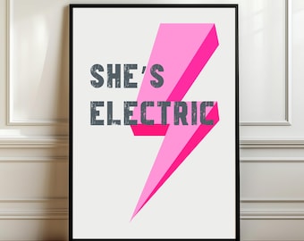 She's Electric Oasis Inspired Art Print Poster, Oasis Music Lyrics, Rock Band Music Wall Art, Gallery Wall Decor, Britpop Art Lightning Bolt