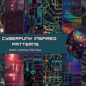 Puede incluir: Doce patrones inspirados en el cyberpunk en un collage. Los patrones están formados por líneas y formas de colores neón sobre un fondo oscuro. El texto "12 CYBERPUNK INSPIRED PATTERNS 4000 x 4000px PNG files!" está en la parte superior del collage.