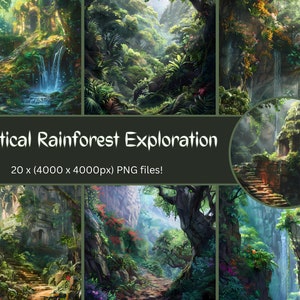 May include: A collage of 20 digital illustrations depicting a mystical rainforest with lush greenery, waterfalls, and ancient ruins. The images are 4000 x 4000 pixels and are available as PNG files.