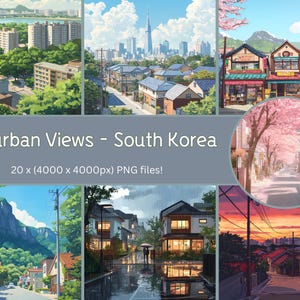 Op de afbeelding: Een set van 20 digitale illustraties van voorstedelijke scènes in Zuid-Korea. De illustraties tonen verschillende gebouwen, straten en bomen in verschillende seizoenen en weersomstandigheden. De afbeeldingen zijn 4000 x 4000 pixels groot en zijn in PNG-formaat.