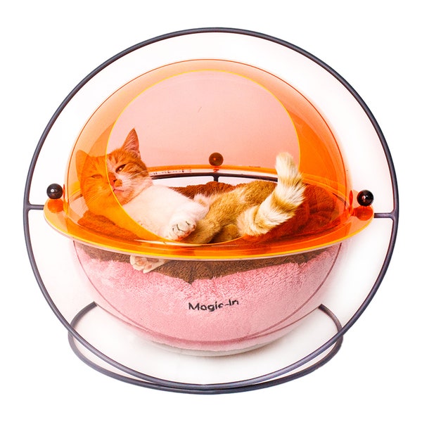 Maison Bulle transparente pour Chat avec pied et cadre circulaire, et coussin cocooning