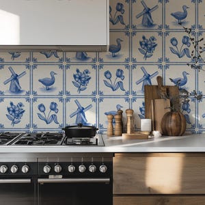 Blue and White Delft Tile Wallpaper | Cottagecore Country Floral Design, Vintage Dutch Farmhouse Decor