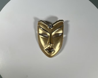 Vintage goldfarbene Maskenbrosche mit künstlichem Dimond-Akzent