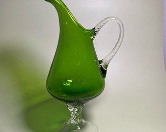 Vintage Green And Clear Glass Footed Pitcher Carafe Hand Blown Glass