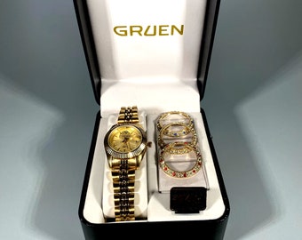 Vtg Neu in Box Gruen Precision Damen goldfarbene Uhr mit austauschbaren Lünetten