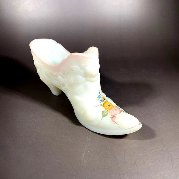 Vintage Fenton White Satin Glass Shoe with Hand Painted  Pink Flowers