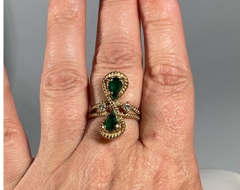 Vintage 18K Heavy Gold Electroplated Cocktail Ring Green and Clear Glass Gems