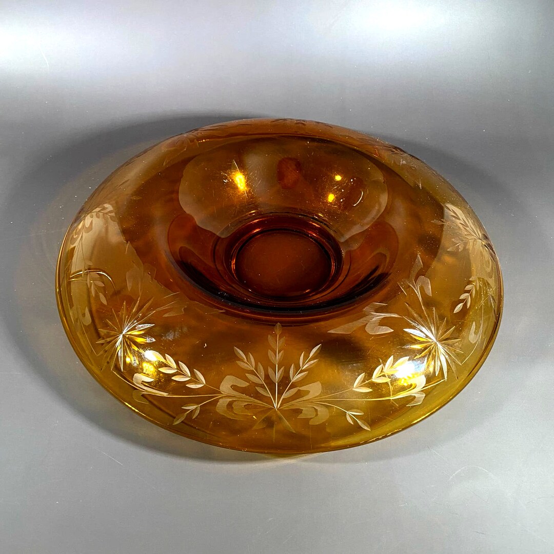 Amber Console Bowl With Leaf Etching - Etsy