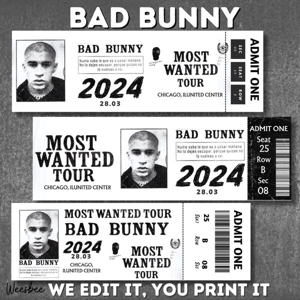 Printable Bad Bunny Most Wanted Tour Ticket, Bad Bunny Concert Ticket, Personalized Printable Ticket, Concert Gift, Ticket Souvenir Keepsake