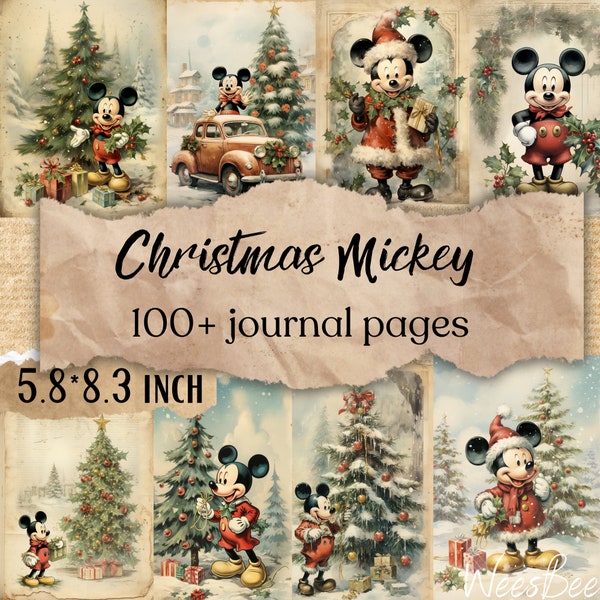 Vintage Christmas Mickey Junk Journal Cards,vintage Christmas botanical, Christmas junk journal supplies,Collage Shee, Junk Journal Ephemera
