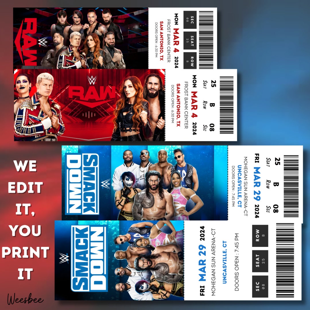 Printable WWE Ticket, RAW Ticket, Smackdown Ticket, 2024 Wrestling Show Pass, Surprise Gift