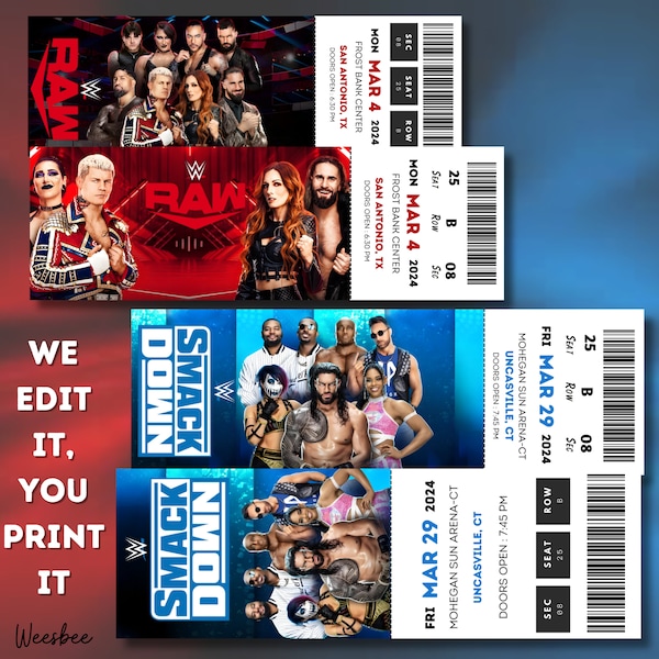 Boleto WWE imprimible, Boleto RAW, Boleto Smackdown, Pase de espectáculo de lucha libre 2024, Revelación de regalo sorpresa, Editable personalizado, Descarga digital