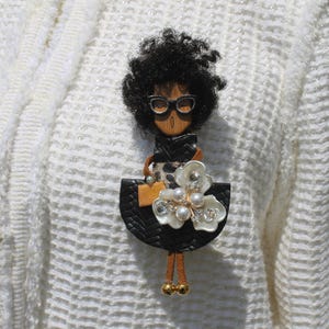 Empowering Brooch Pin, African Woman Brooch, Woman with Afro Brooch,  Fashionable Brooch Pin, Stick Doll Brooch, Whimsical Brooch