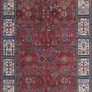 Alfombra de área Heriz roja de 5X8 FT - Alfombra oriental de lana de tintes vegetales anudada a mano de estilo persa - Alfombra de dormitorio - Alfombra de sala de estar