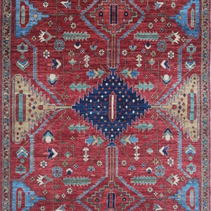 Alfombra de área Heriz roja de 5X8 FT - Alfombra oriental de lana de tintes vegetales anudada a mano de estilo persa - Alfombra de dormitorio - Alfombra de sala de estar