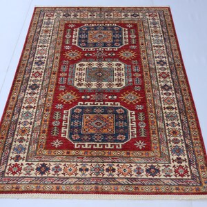 5x7 FT Red Kazak Rug - Afghan Hand knotted Veg dyes wool Tribal rug - Oriental rug - Office rug - Living Room Rug - Kids Room Rug