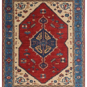 Alfombra de área Heriz con medallón rojo de 8X10FT - Alfombra oriental de lana con tintes vegetales anudados a mano de estilo persa - Alfombra de dormitorio - Alfombra de sala de estar