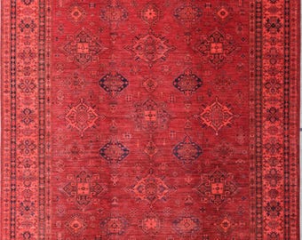 9x12 FT Kazak Tribal Rug - Red Afghan Hand knotted Veg dyes wool Tribal rug -Oriental rug - Office rug - Living Room Rug - Kids Room Rug