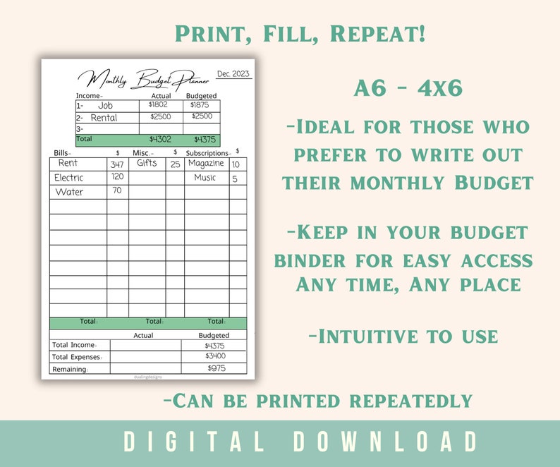 Printable Monthly Budget Planner A6 4x6 - Etsy