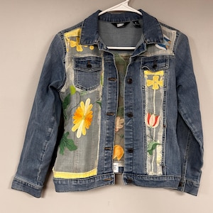 Vintage sheer floral appliqued fabric.  Size Girl&#39;s Large, Upcycled Denim Jeans Jacket by Lands End  Perfect for girls, preteens and teens!