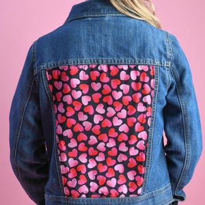 Hearts Everywhere!  1989 Place, Girls’ XL (14) Upcycled Denim Jeans Jacket with red and pink HEARTS Perfect for girls, preteens and teens!