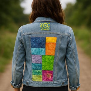 One-Of-A-Kind Colorful  Boho Hippy Upcycled Blazer Style Denim Jacket, Medium