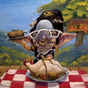 May include: A goblin wearing glasses and a chef's hat holds a platter with a roasted meat dish. The goblin is standing at a picnic table with a roasted chicken on a plate. A sign behind the goblin reads "Grahs Dixxer".