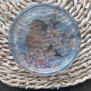 May include: A circular, transparent coaster with a detailed illustration of a small brown bird on a flowering branch with pink blossoms. The coaster has a light blue background, set on a woven mat.