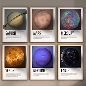 May include: A set of six minimalist posters featuring illustrations of planets in our solar system. Each poster includes the name of the planet, its diameter, and a brief description. The planets are depicted in a realistic style with vibrant colors and intricate details. The posters are perfect for adding a touch of space exploration to any room.